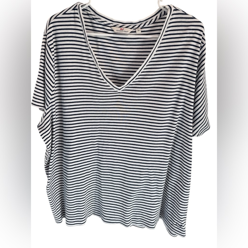 Vineyard Vines Stripe Simple V Neck Short Sleeve Top Navy/White Size 3X